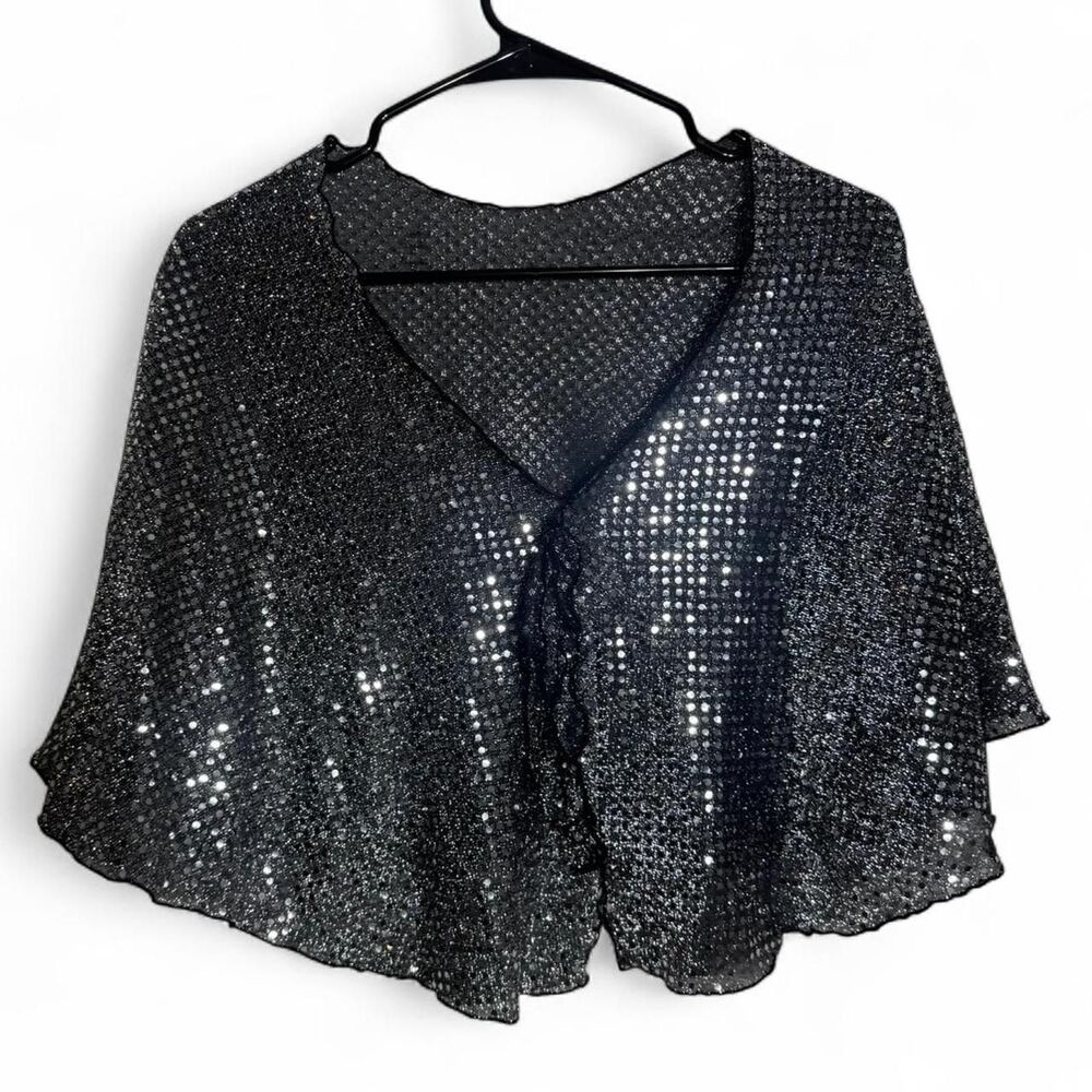 Y2K Black Silver Sequin Cape with tie detail Versatile Party Festival Accessory - Picture 8 of 8